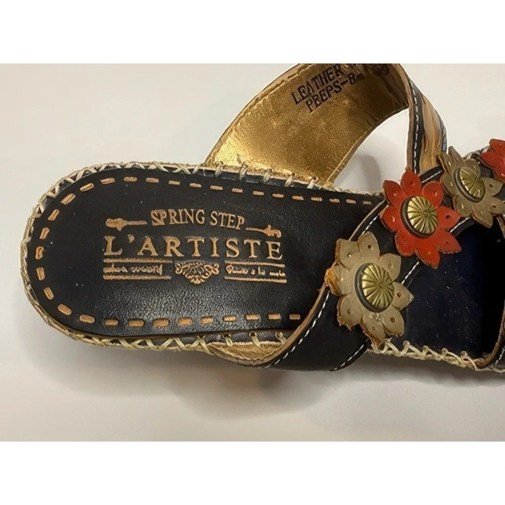 L'Artiste by Spring Step Leather Flower Sandals Women's 39 US 8.5 Black Red Boho